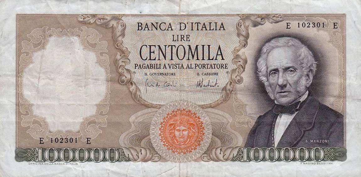 Front of Italy p100c: 100000 Lire from 1974