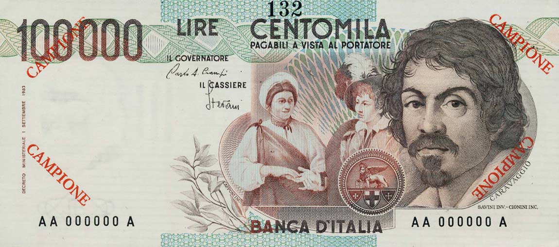 Front of Italy p110s: 100000 Lire from 1983