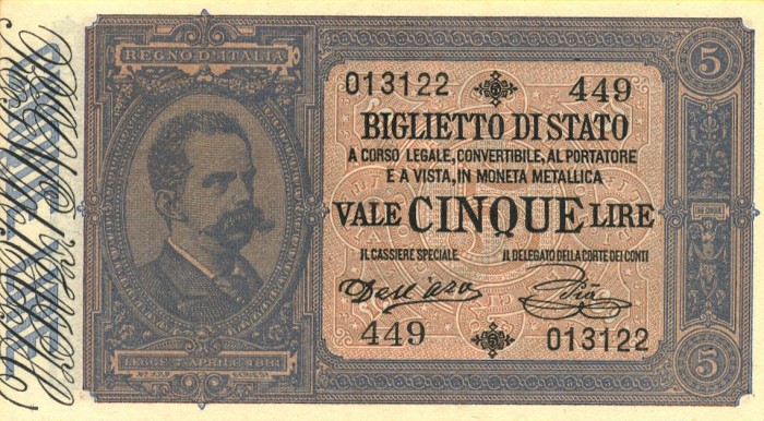 Front of Italy p18a: 5 Lire from 1882