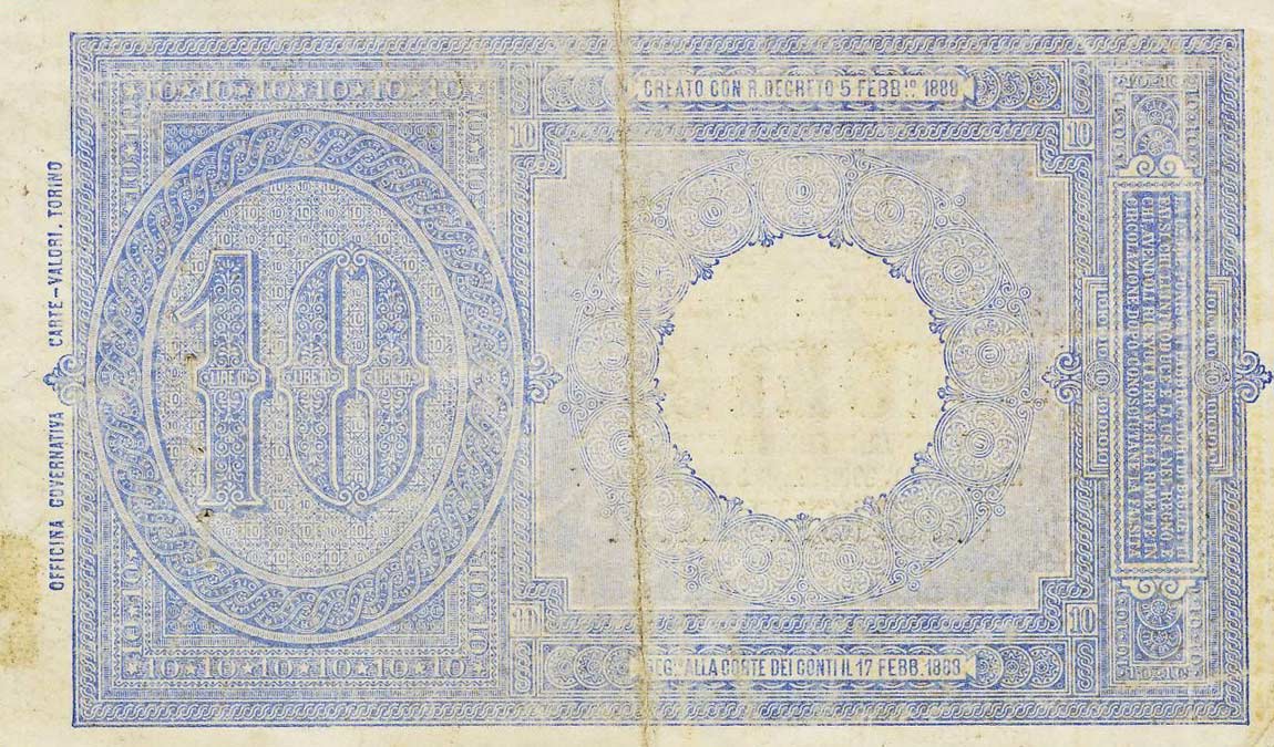 Back of Italy p20c: 10 Lire from 1892
