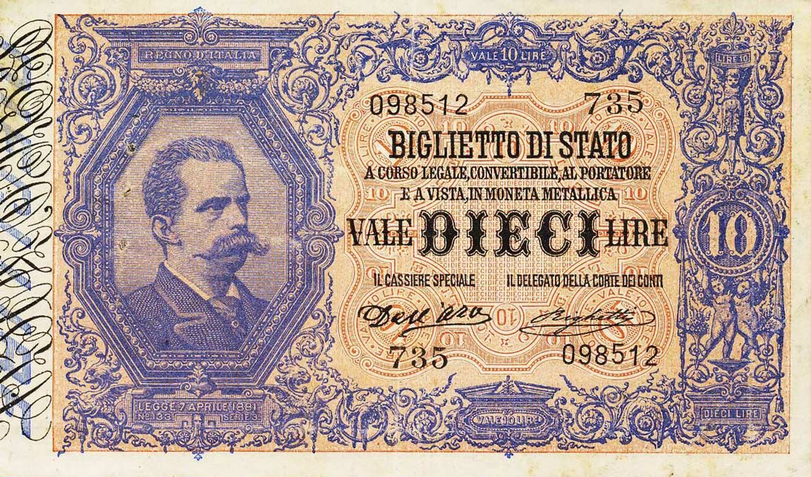 Front of Italy p20c: 10 Lire from 1892