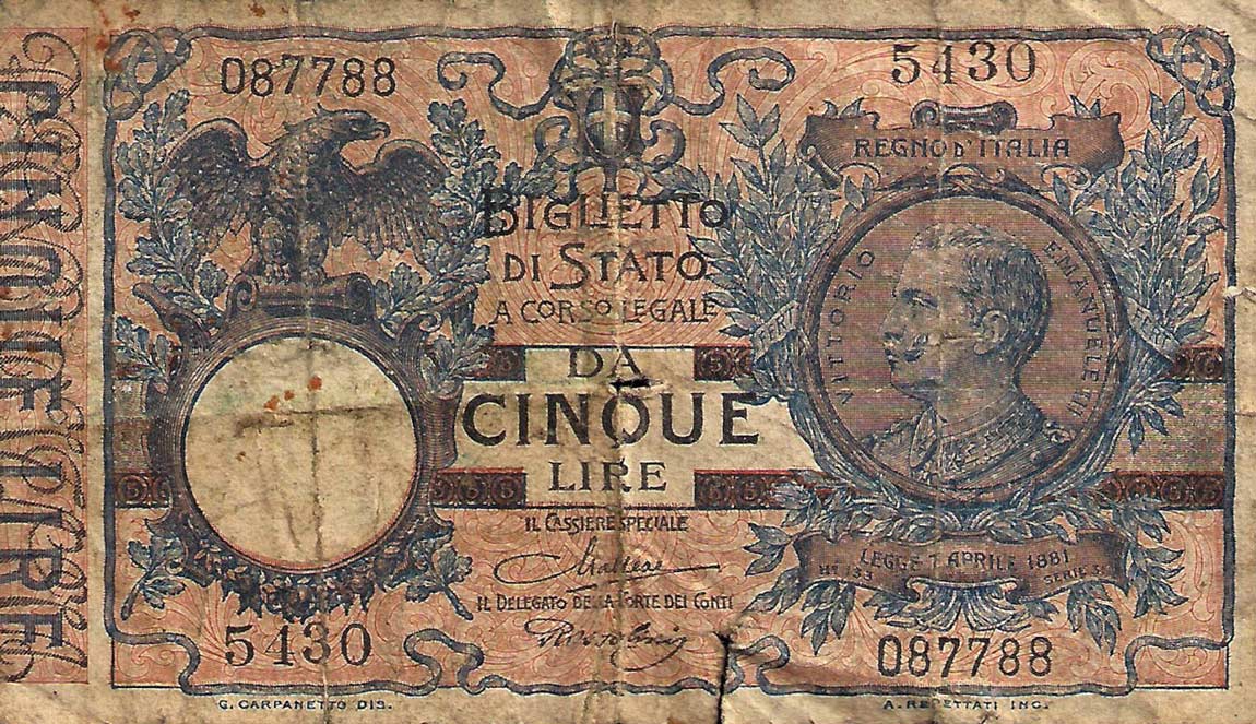 Front of Italy p23a: 5 Lire from 1904