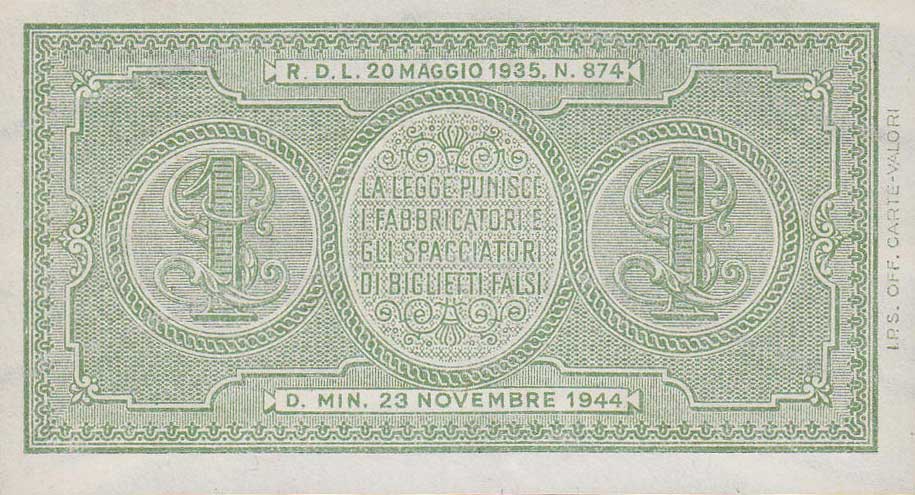 Back of Italy p29b: 1 Lira from 1944