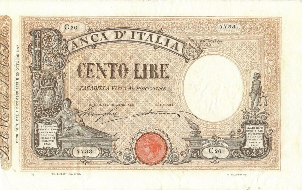 Front of Italy p39b: 100 Lire from 1899