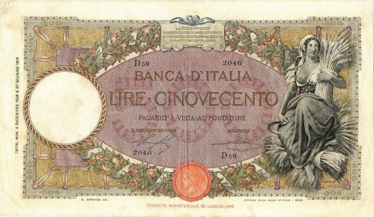 Front of Italy p51a: 500 Lire from 1926