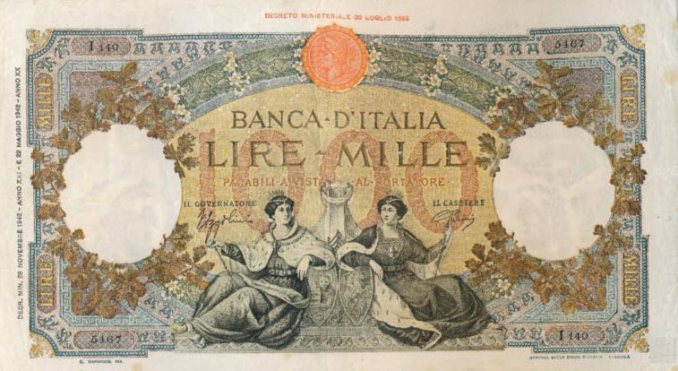 RealBanknotes.com > Italy p63: 1000 Lire from 1942