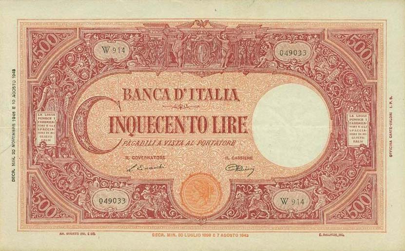 Front of Italy p70d: 500 Lire from 1945