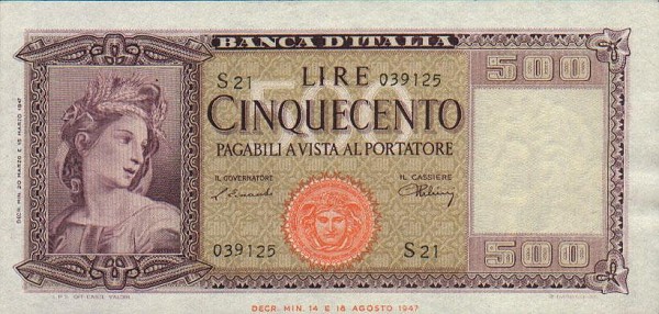 Front of Italy p80a: 500 Lire from 1947