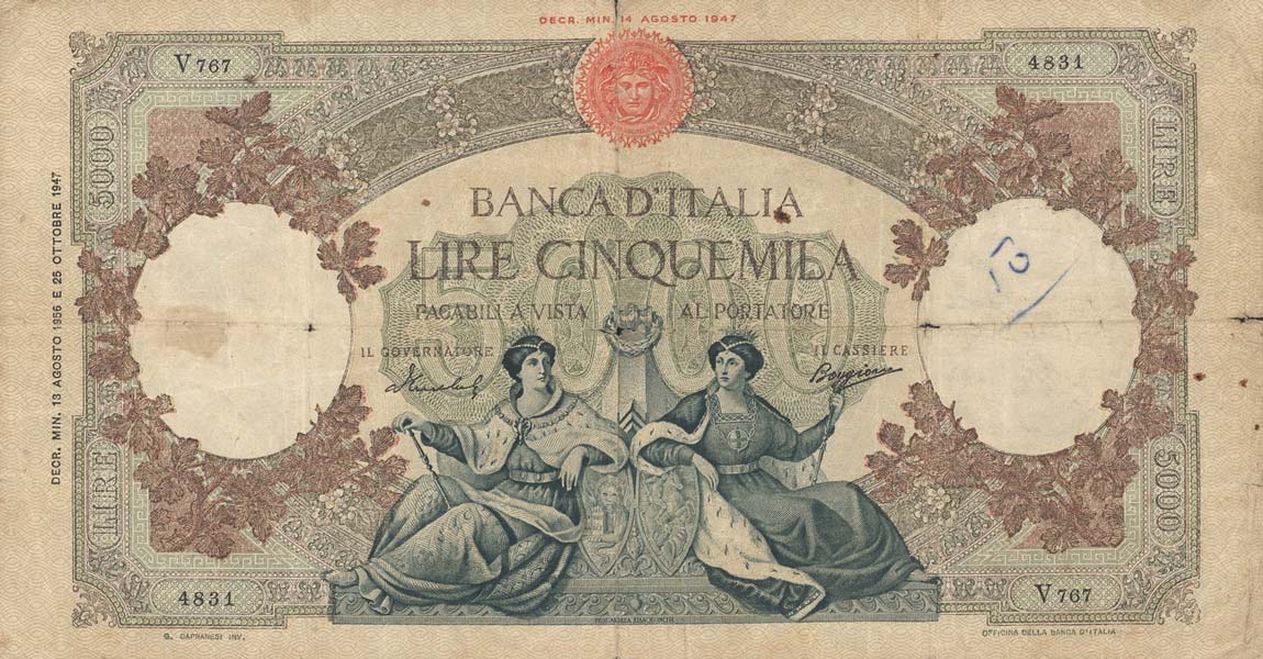 Front of Italy p85c: 5000 Lire from 1953