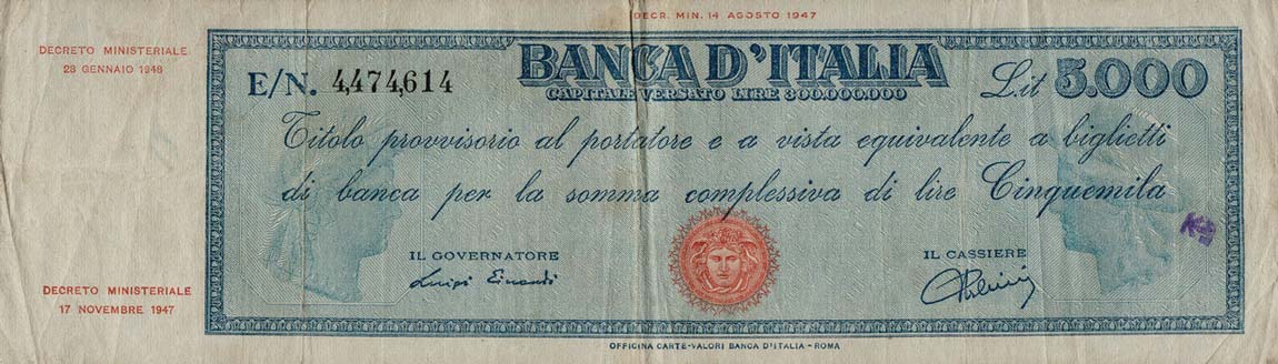 Front of Italy p86a: 5000 Lire from 1947