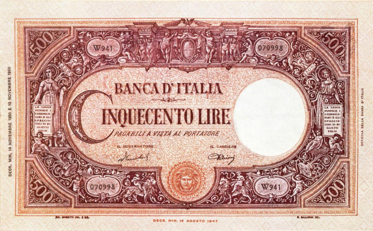 Front of Italy p90: 500 Lire from 1950