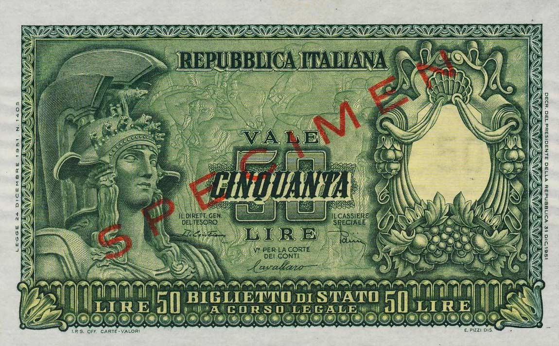 Front of Italy p91s: 50 Lire from 1951