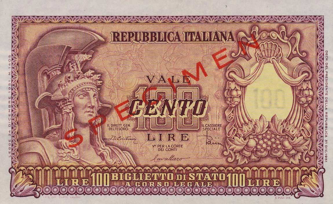 Front of Italy p92s: 100 Lire from 1951