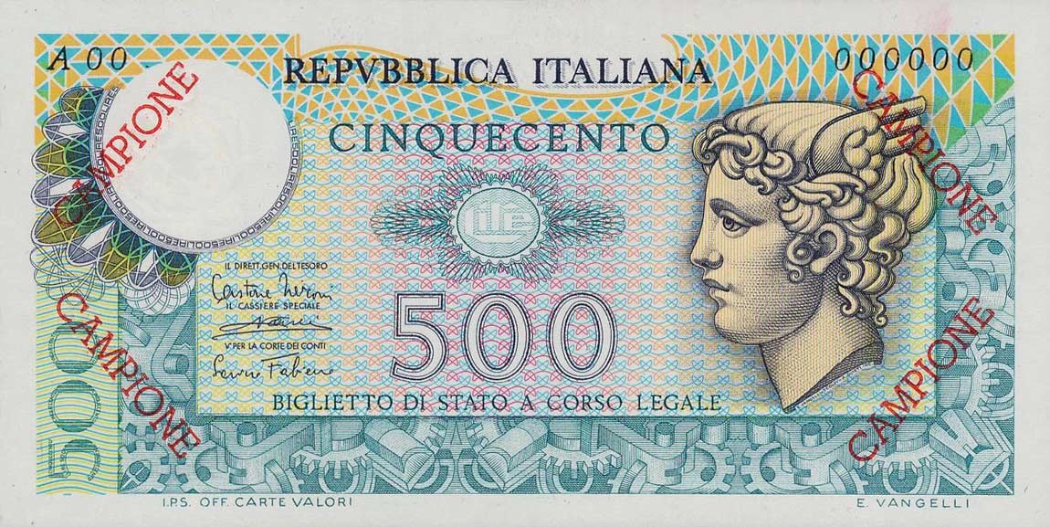 Front of Italy p94s: 500 Lire from 1974