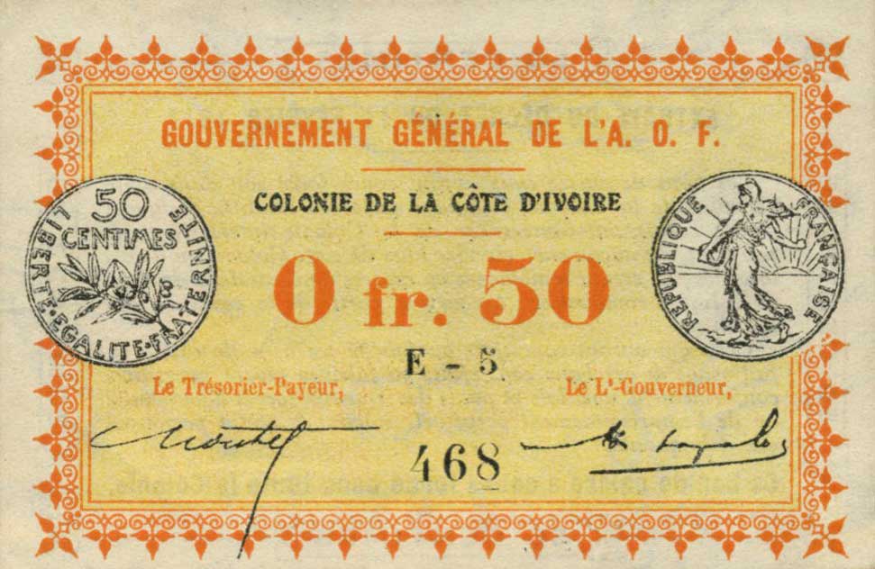 Front of Ivory Coast p1a: 0.5 Franc from 1917