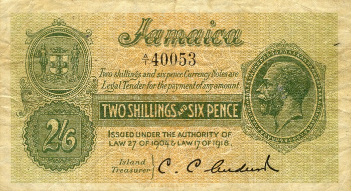 Front of Jamaica p27: 2 Shillings from 1904