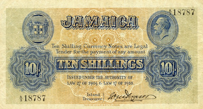 Front of Jamaica p30: 10 Shillings from 1904