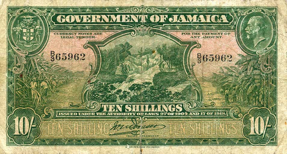 Front of Jamaica p33a: 10 Shillings from 1904