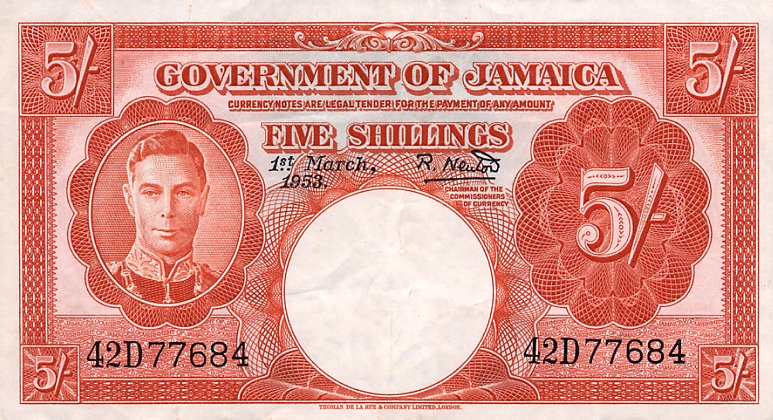 Front of Jamaica p37b: 5 Shillings from 1953
