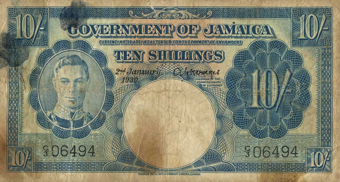 Front of Jamaica p38a: 10 Shillings from 1939