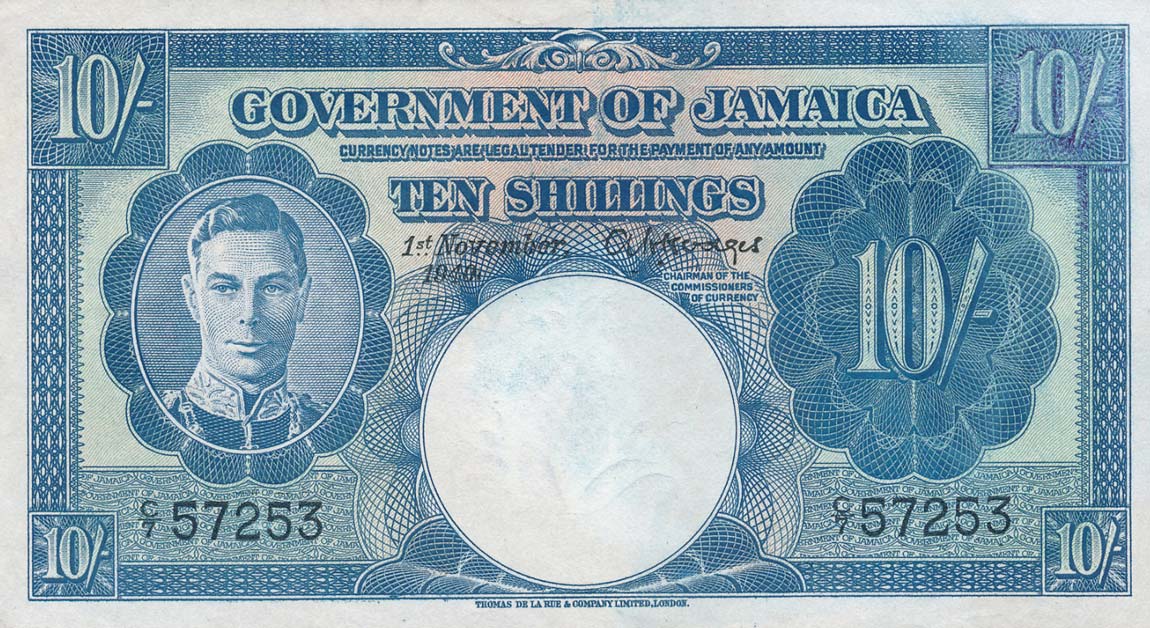 Front of Jamaica p38b: 10 Shillings from 1940