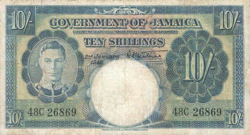 Front of Jamaica p38d: 10 Shillings from 1948