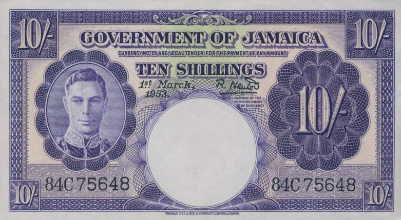 Front of Jamaica p39: 10 Shillings from 1950