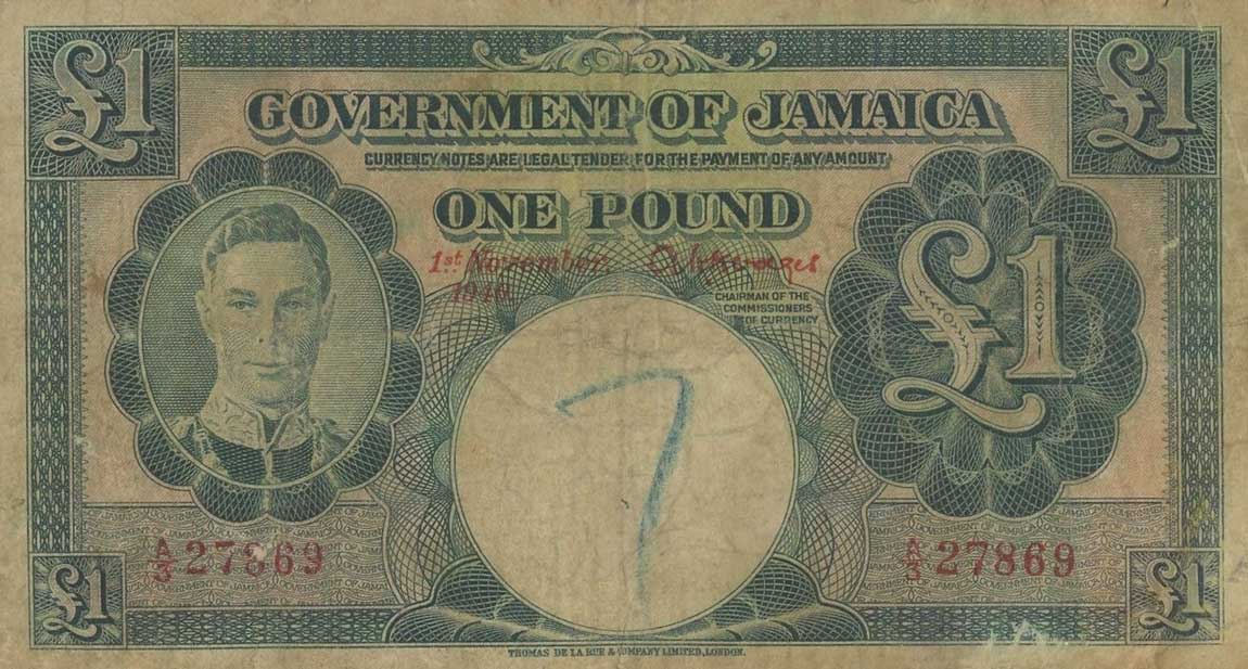 Front of Jamaica p40a: 1 Pound from 1940