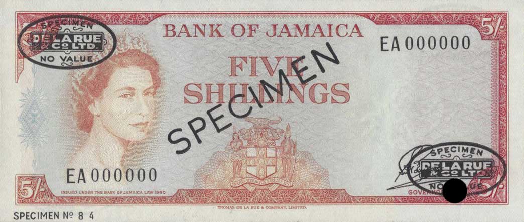 Front of Jamaica p49s: 5 Shillings from 1961