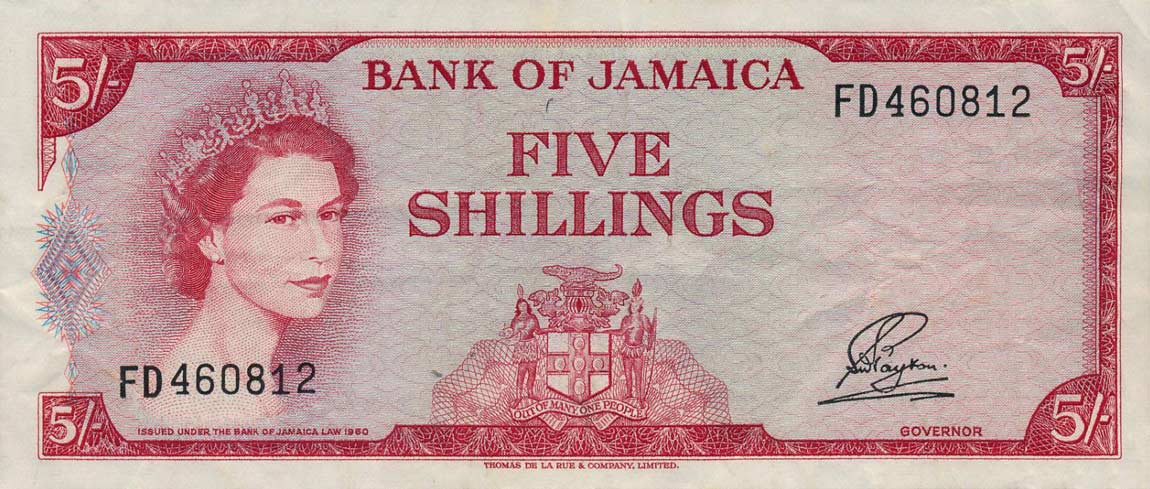 Front of Jamaica p51Aa: 5 Shillings from 1964