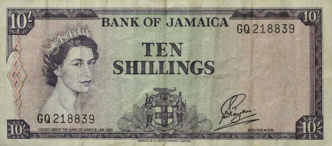 Front of Jamaica p51Ba: 10 Shillings from 1964