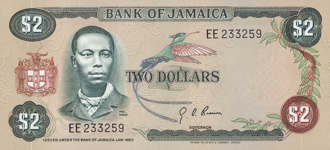 Front of Jamaica p60a: 2 Dollars from 1976