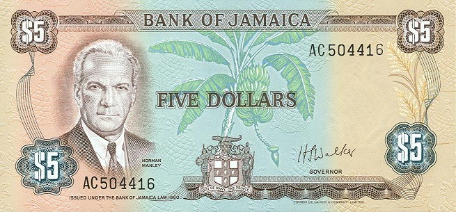 Front of Jamaica p61b: 5 Dollars from 1976