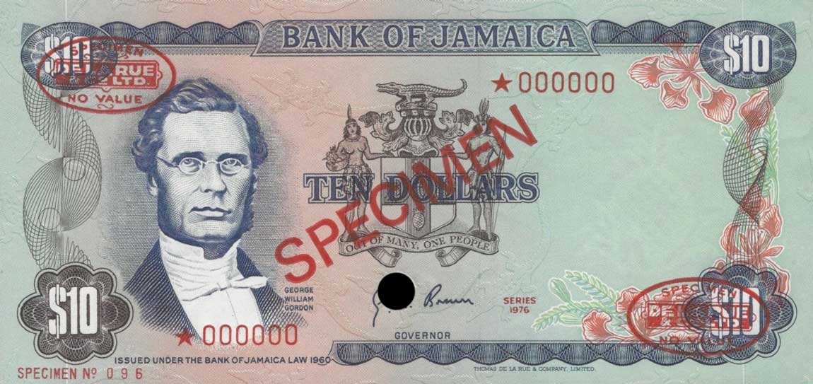 Front of Jamaica p62s: 10 Dollars from 1976