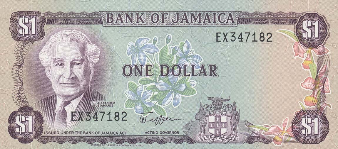 Front of Jamaica p64a: 1 Dollar from 1982
