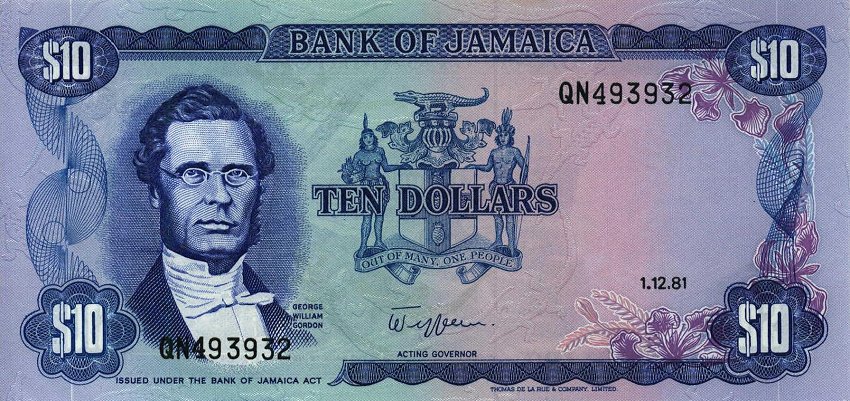 Front of Jamaica p67b: 10 Dollars from 1981