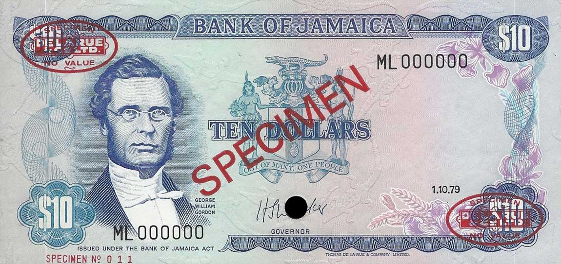 Front of Jamaica p67s: 10 Dollars from 1978