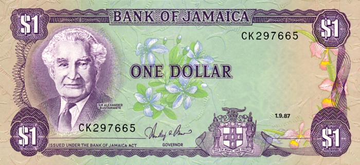 Front of Jamaica p68Ab: 1 Dollar from 1986