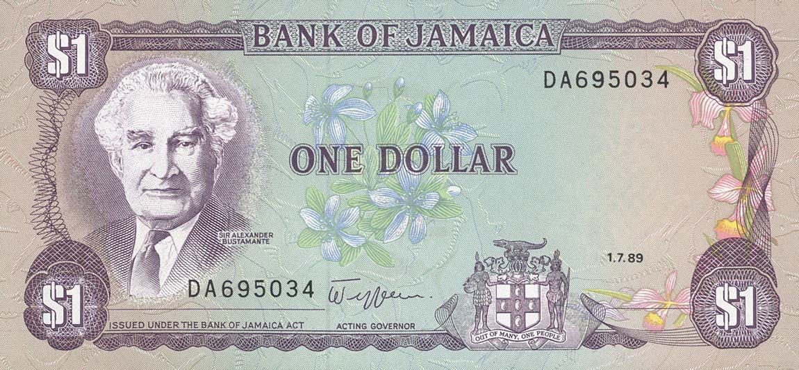 Front of Jamaica p68Ac: 1 Dollar from 1989