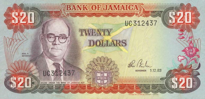 Front of Jamaica p68c: 20 Dollars from 1983