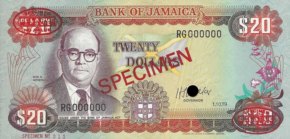 Front of Jamaica p68s: 20 Dollars from 1978