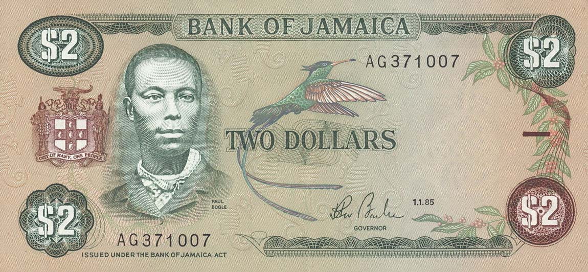 Front of Jamaica p69a: 2 Dollars from 1985