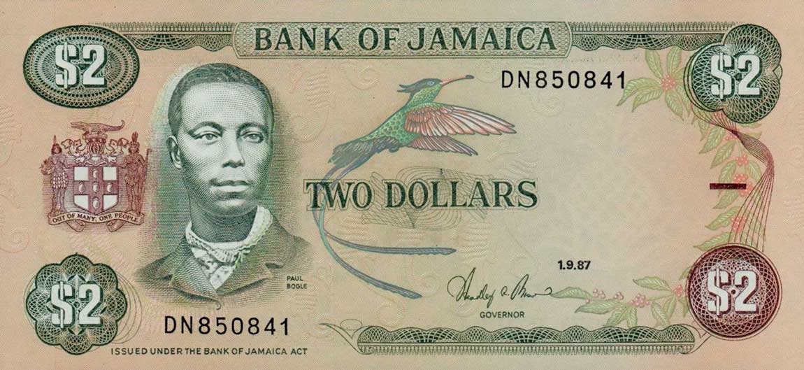 Front of Jamaica p69b: 2 Dollars from 1986