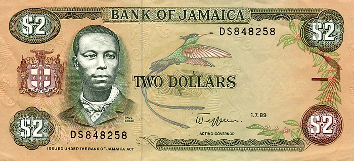 Front of Jamaica p69c: 2 Dollars from 1989