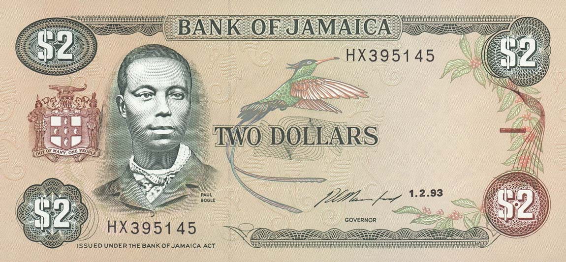 Front of Jamaica p69e: 2 Dollars from 1993