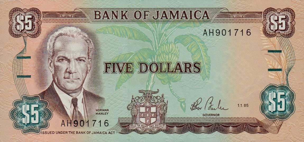 Front of Jamaica p70a: 5 Dollars from 1985