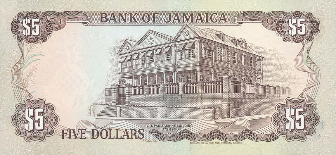Back of Jamaica p70c: 5 Dollars from 1989