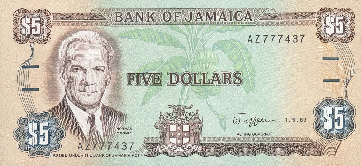 Front of Jamaica p70c: 5 Dollars from 1989