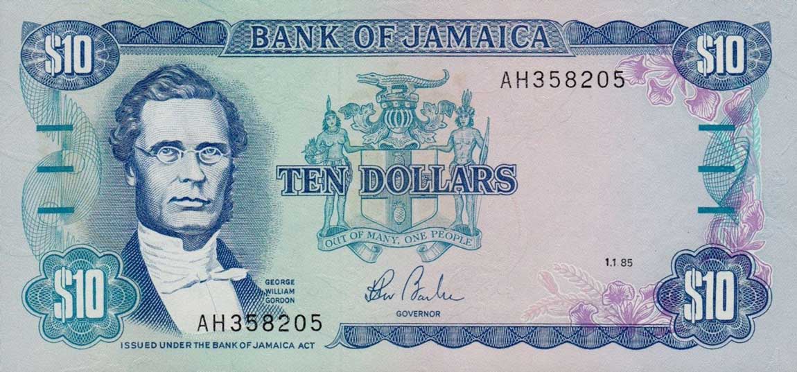 Front of Jamaica p71a: 10 Dollars from 1985