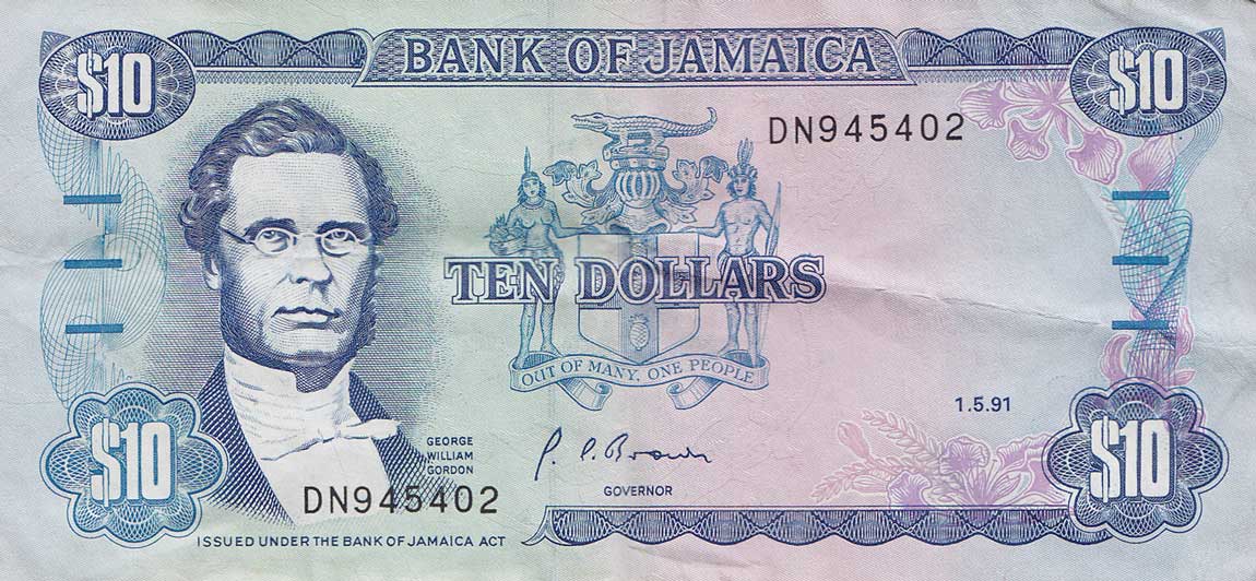 Front of Jamaica p71d: 10 Dollars from 1991